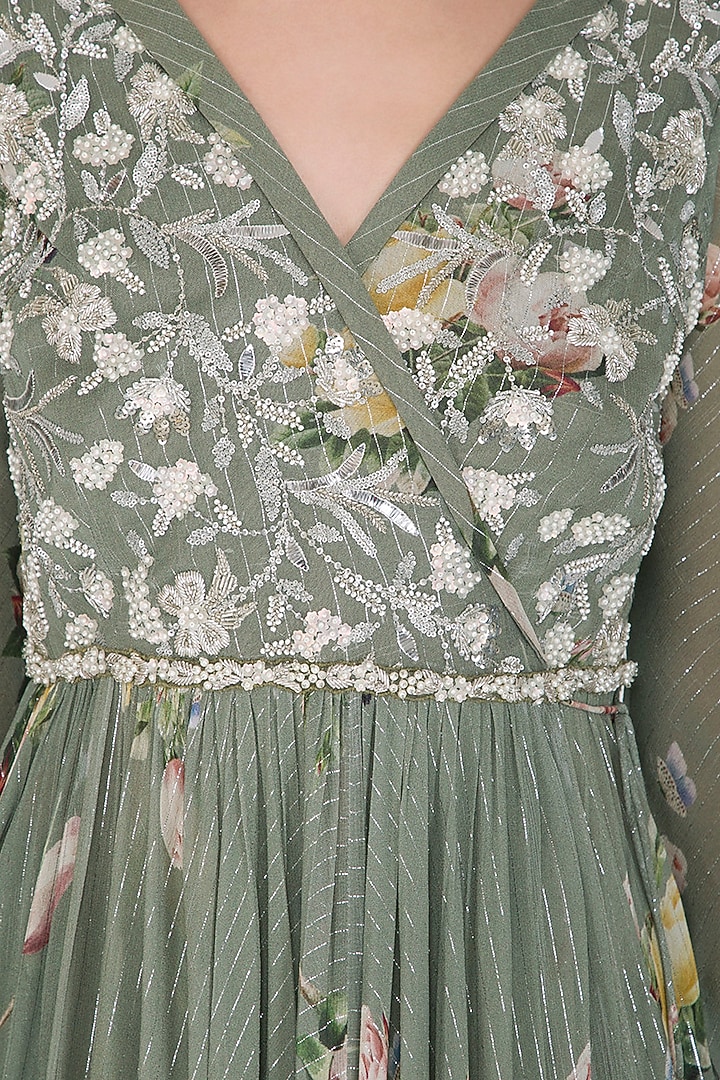 Olive Green Embellished Printed Angrakha Wedding Anarkali Set by Mahima Mahajan at Pernia's Pop Up Shop