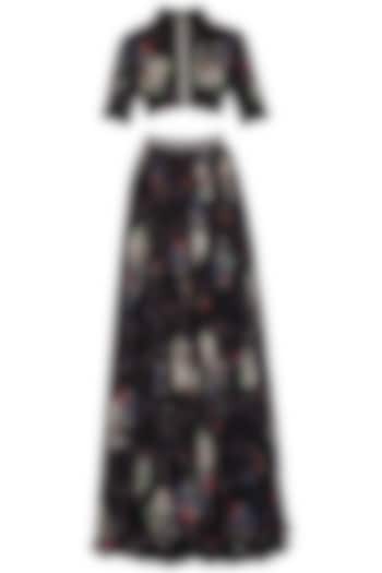 Black Printed & Embellished Lehenga Skirt With Crop Top by Mahima Mahajan