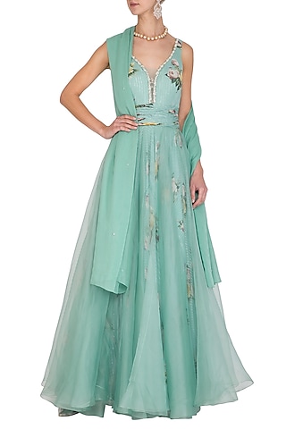 Aqua Marine Printed Anarkali Gown With Dupatta by Mahima Mahajan