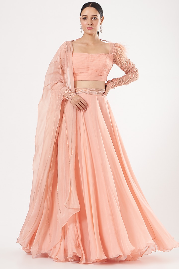 Salmon Peach Embroidered Wedding Lehenga Set by Mahima Mahajan at Pernia's Pop Up Shop