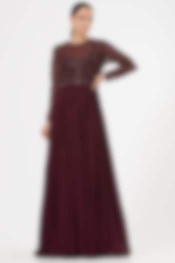 Wine Embroidered Sheer Wedding Anarkali by Mahima Mahajan at Pernia's Pop Up Shop