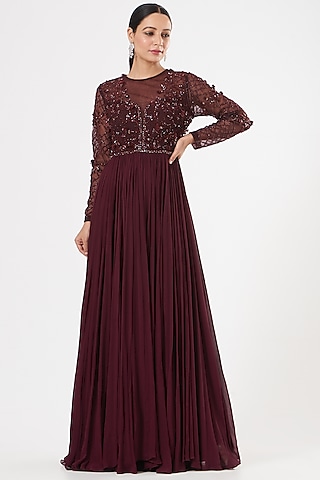 Wine Embroidered Sheer Anarkali by Mahima Mahajan
