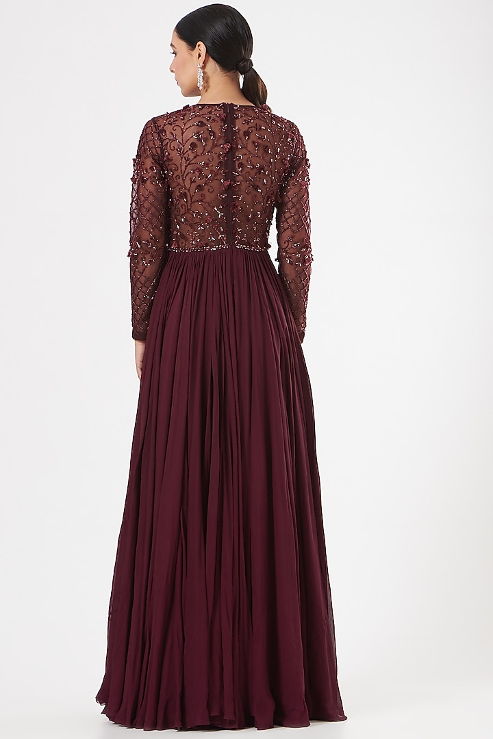 Wine Embroidered Sheer Wedding Anarkali by Mahima Mahajan at Pernia's Pop Up Shop
