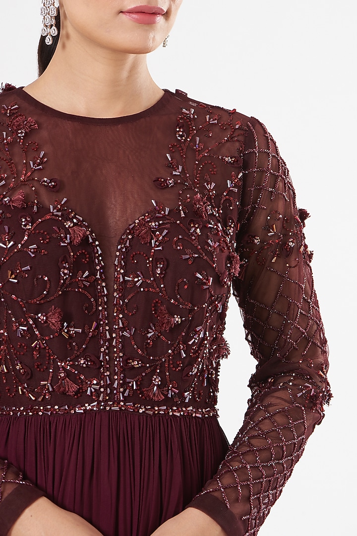 Wine Embroidered Sheer Wedding Anarkali by Mahima Mahajan at Pernia's Pop Up Shop