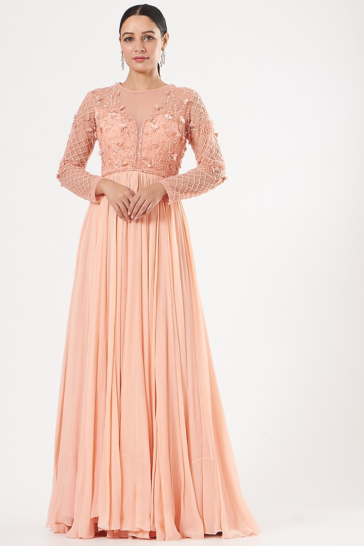 Salmon Peach Embroidered Sheer Wedding Anarkali by Mahima Mahajan at Pernia's Pop Up Shop