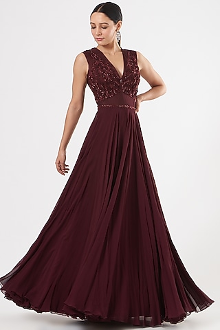 Wine Embroidered Anarkali Set by Mahima Mahajan