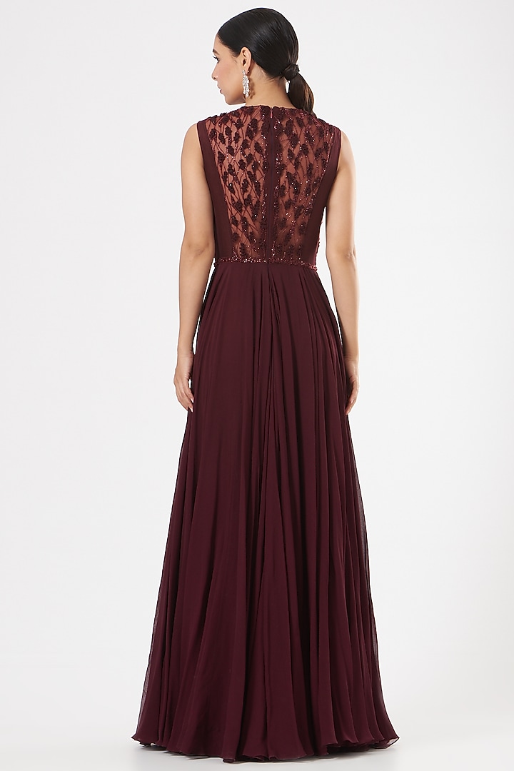 Wine Embroidered Wedding Anarkali Set by Mahima Mahajan at Pernia's Pop Up Shop
