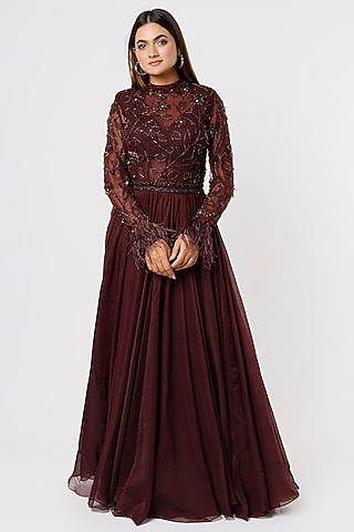 Wine Embroidered Anarkali by Mahima Mahajan