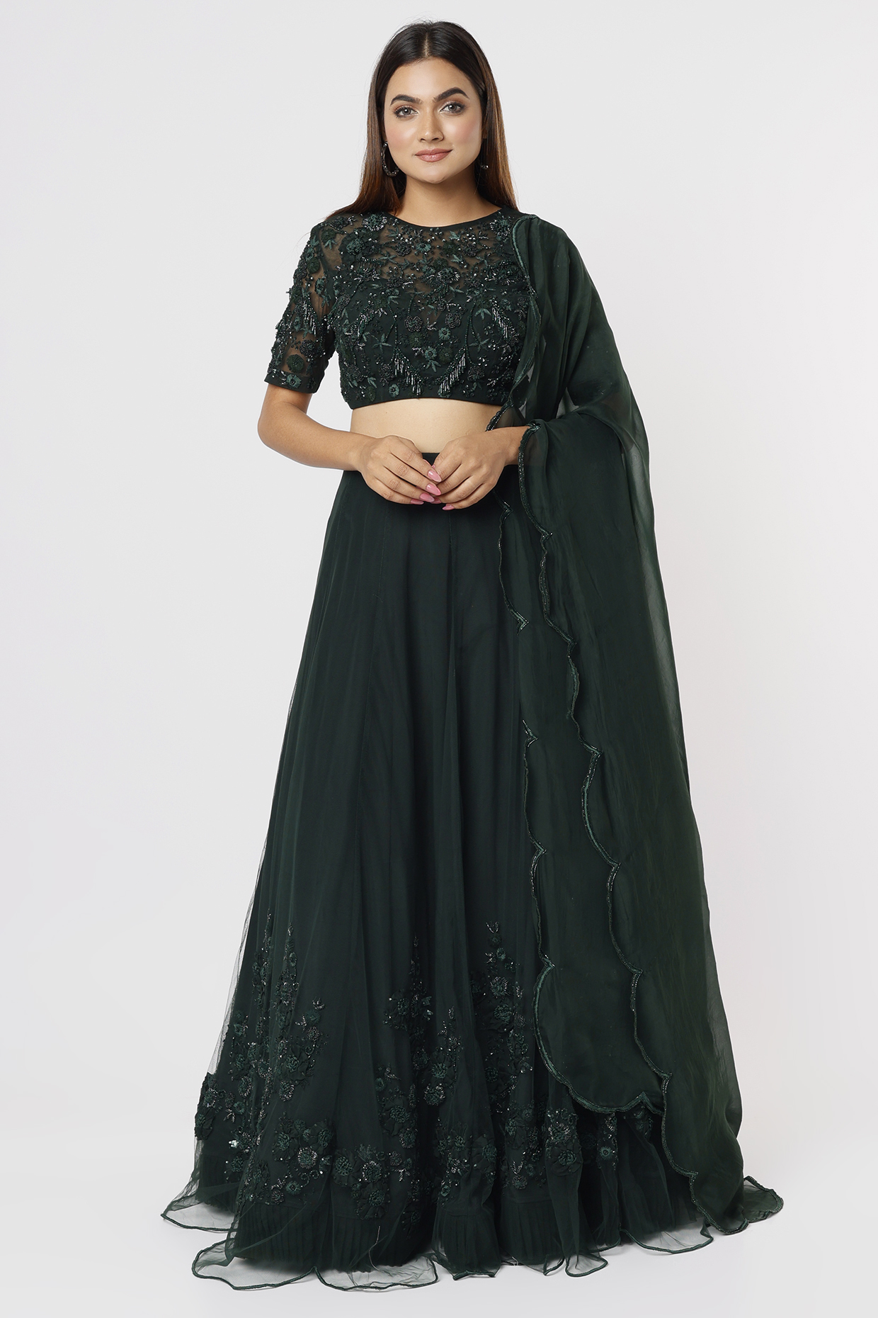 Emerald Green Embroidered Wedding Lehenga Set by Mahima Mahajan at Pernia's Pop Up Shop