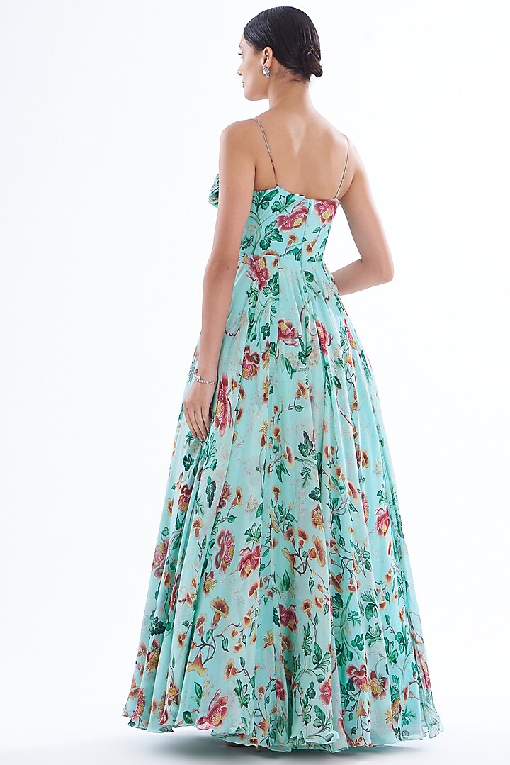 Blue Satin Organza Embroidered Corset Wedding Anarkali Set by Mahima Mahajan at Pernia's Pop Up Shop
