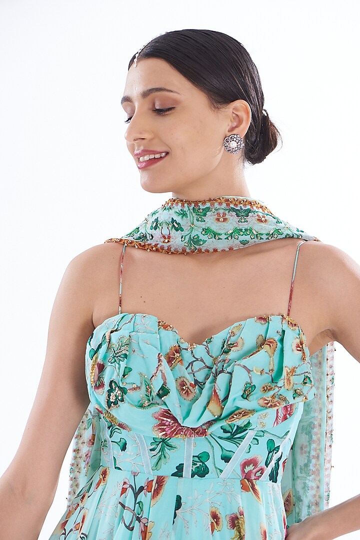 Blue Satin Organza Embroidered Corset Wedding Anarkali Set by Mahima Mahajan at Pernia's Pop Up Shop