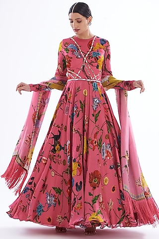 Pink Organza Satin & Shantoon Printed Anarkali Set by Mahima Mahajan