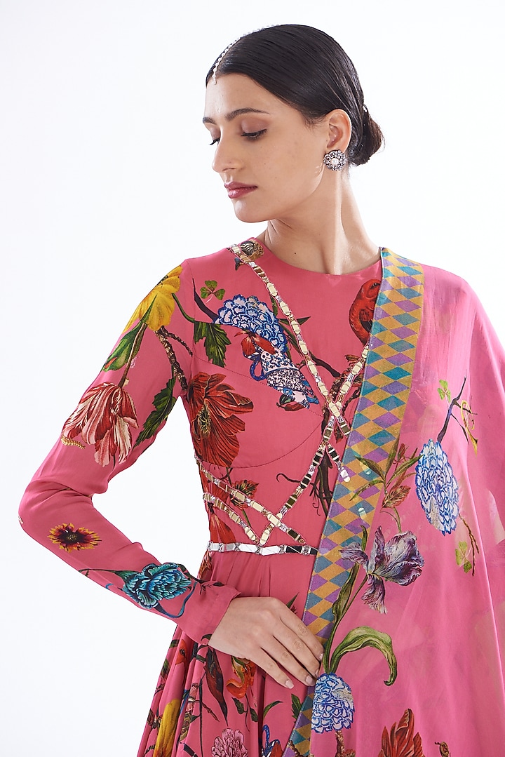 Pink Organza Satin & Shantoon Printed Wedding Anarkali Set by Mahima Mahajan at Pernia's Pop Up Shop