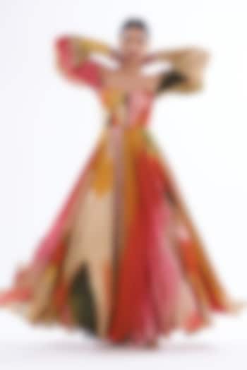 Multi-Colored Organza satin & Shantoon Printed Off-Shoulder Party Wear Gown by Mahima Mahajan at Pernia's Pop Up Shop