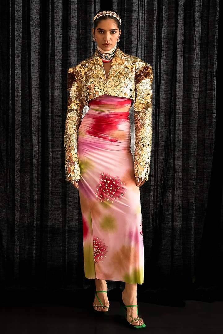 Multi-Colored Net Lycra Printed Bodycon Ruched Dress With Jacket by Mahima Mahajan