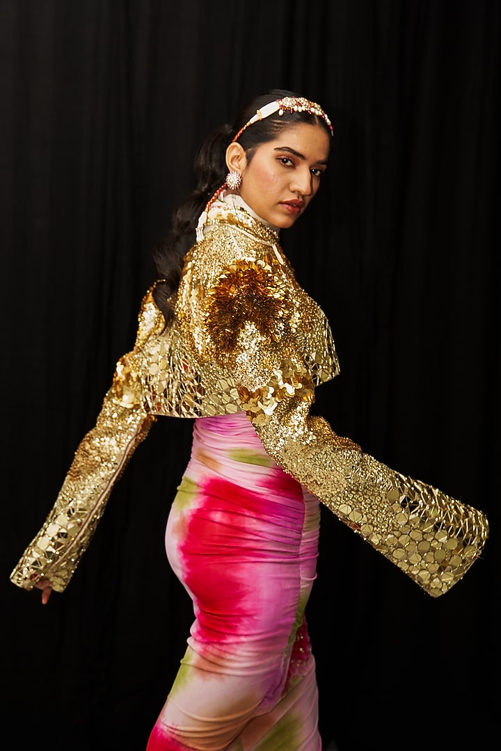 Multi-Colored Net Lycra Printed Bodycon Ruched Party Wear Dress With Jacket by Mahima Mahajan at Pernia's Pop Up Shop
