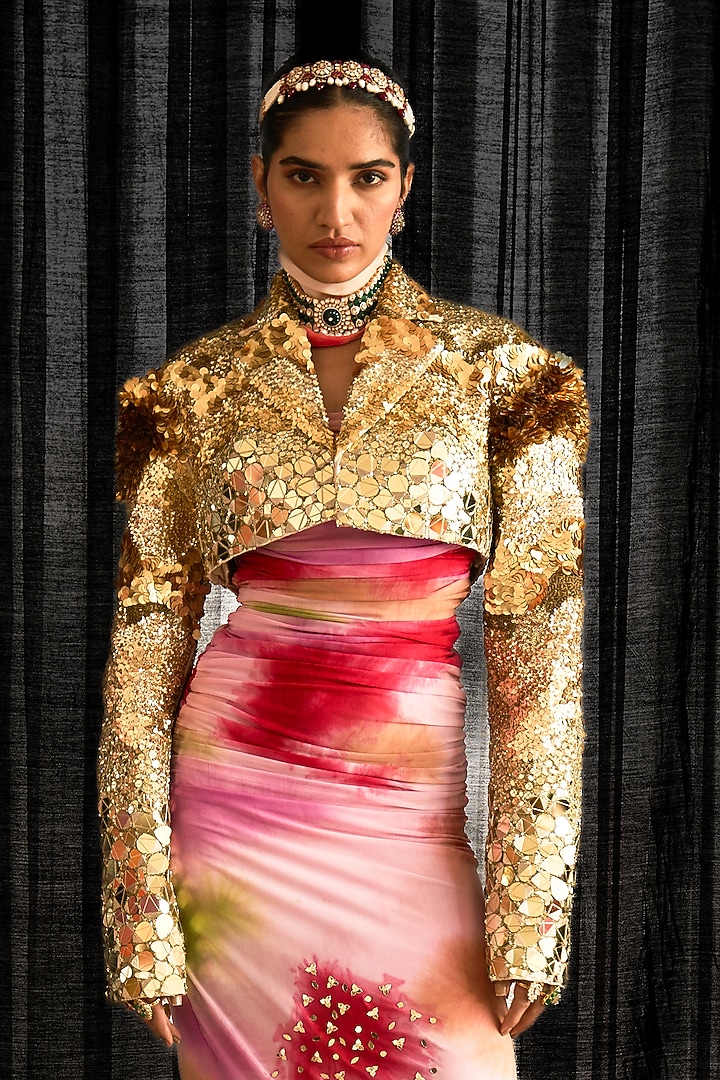 Multi-Colored Net Lycra Printed Bodycon Ruched Party Wear Dress With Jacket by Mahima Mahajan at Pernia's Pop Up Shop