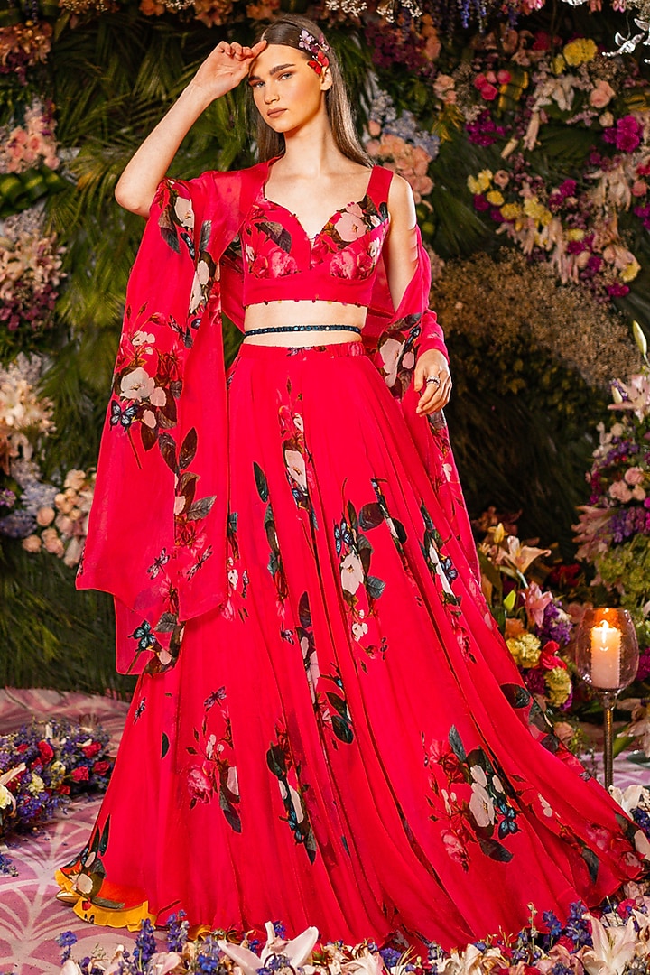 Hot Pink Printed Wedding Lehenga Set by Mahima Mahajan at Pernia's Pop Up Shop