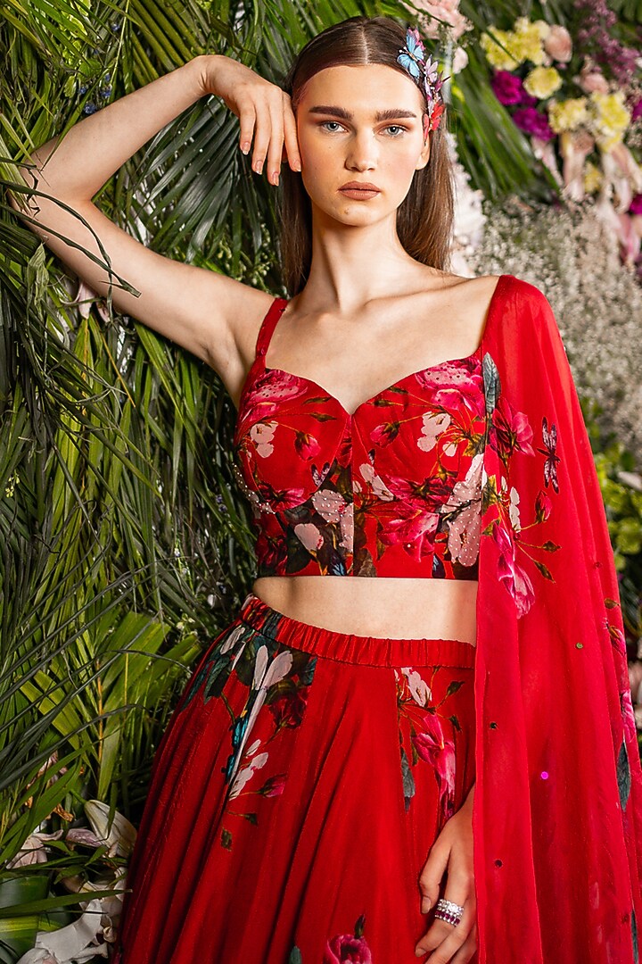 Red Printed Wedding Lehenga Set by Mahima Mahajan at Pernia's Pop Up Shop