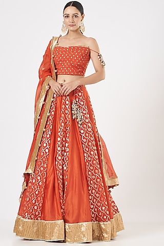 Orange Embroidered Lehenga Set by Mahima Mahajan