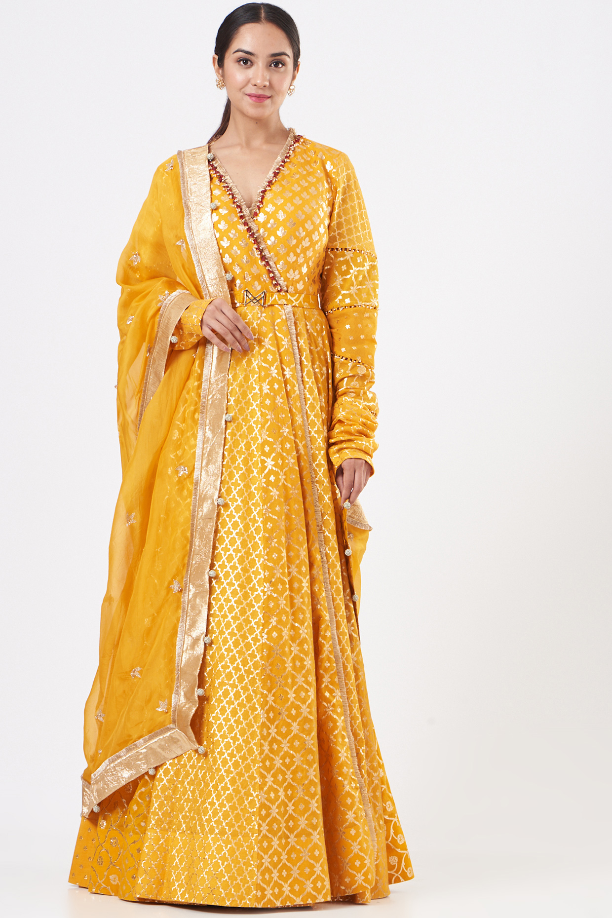 Mustard Embroidered Wedding Anarkali Set by Mahima Mahajan at Pernia's Pop Up Shop