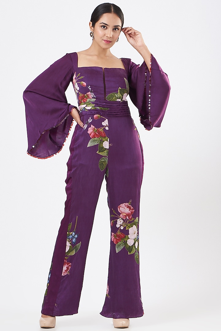 Purple Satin Printed Jumpsuit by Mahima Mahajan