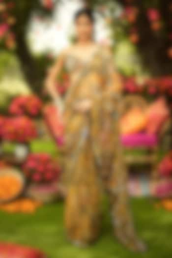 Gold Organza Hand Embroidered Pre-Draped Reception Saree Set by Mahima Mahajan at Pernia's Pop Up Shop