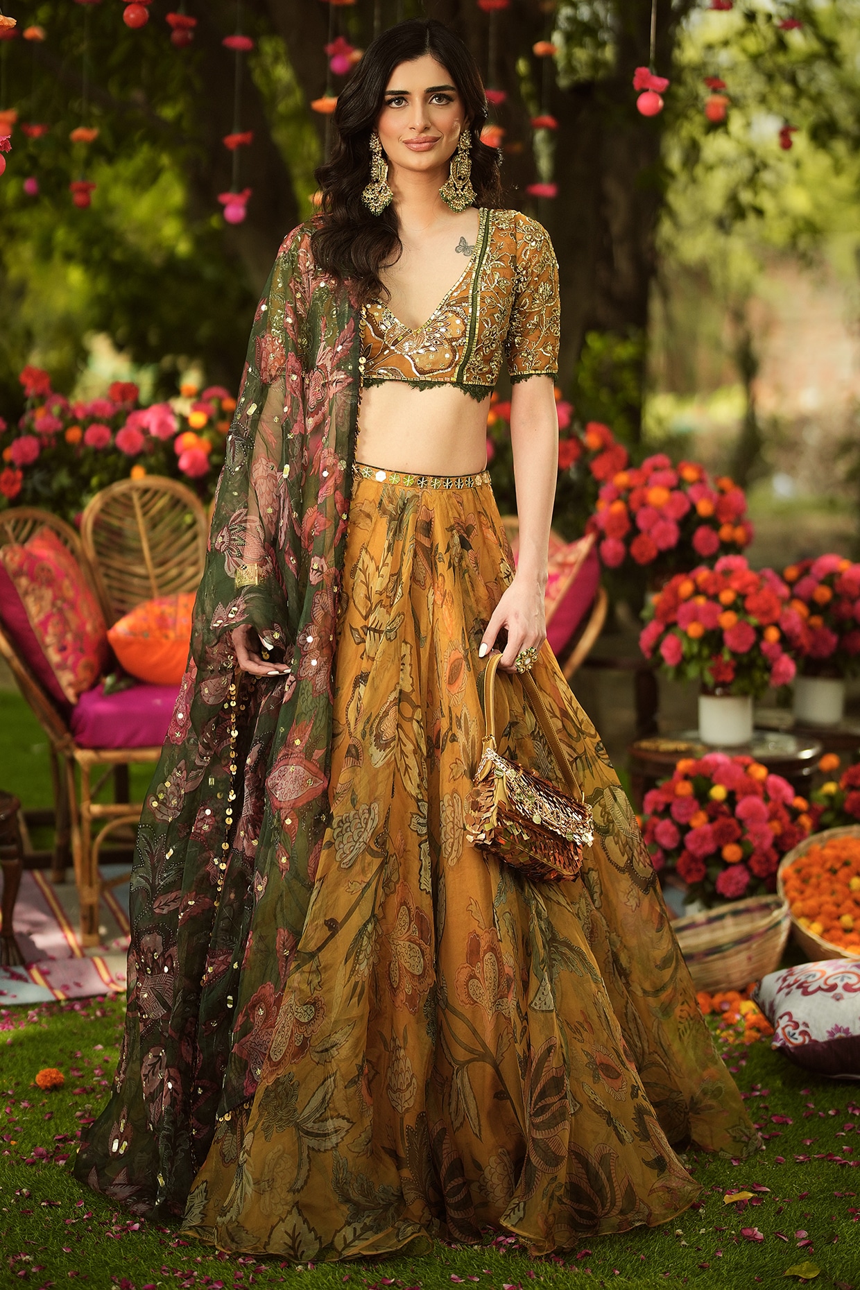 Mahima Mahajan Gold Organza Hand Embroidered Lehenga Set