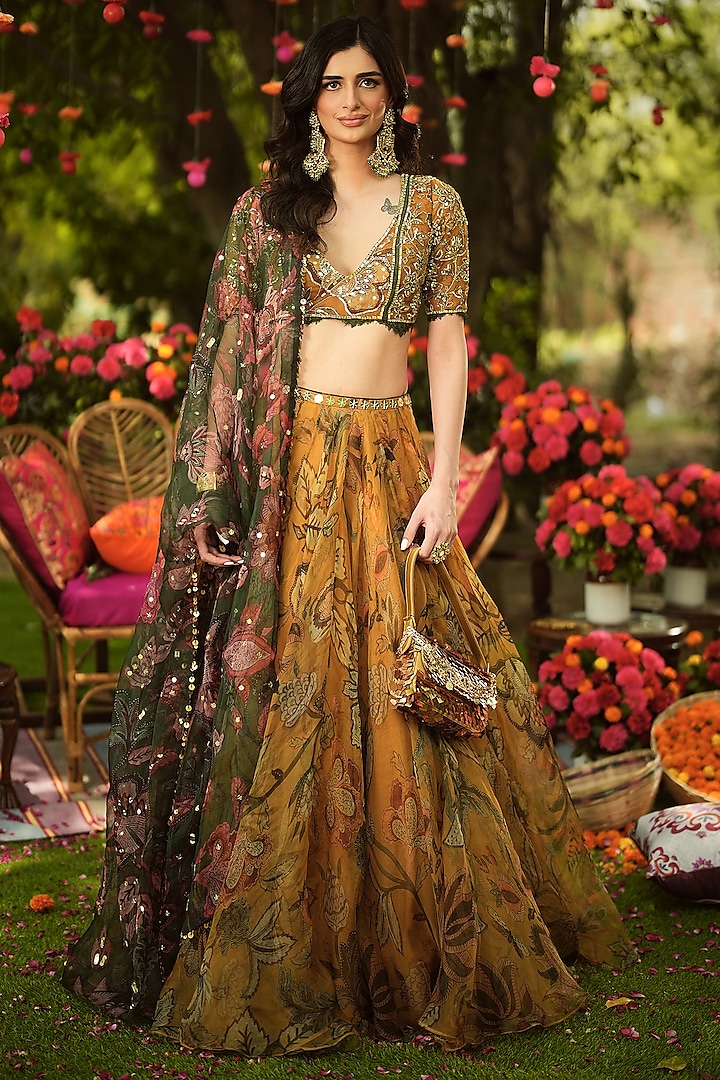 Gold Organza Hand Embroidered Wedding Lehenga Set by Mahima Mahajan at Pernia's Pop Up Shop