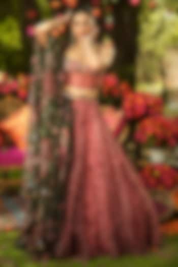 Warm Bubblegum Pink & Pine Green Organza Embroidered Wedding Lehenga Set by Mahima Mahajan at Pernia's Pop Up Shop