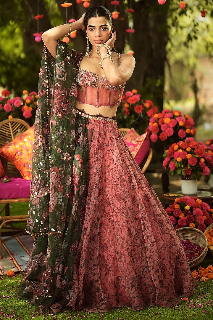 Warm Bubblegum Pink & Pine Green Organza Embroidered Wedding Lehenga Set by Mahima Mahajan at Pernia's Pop Up Shop