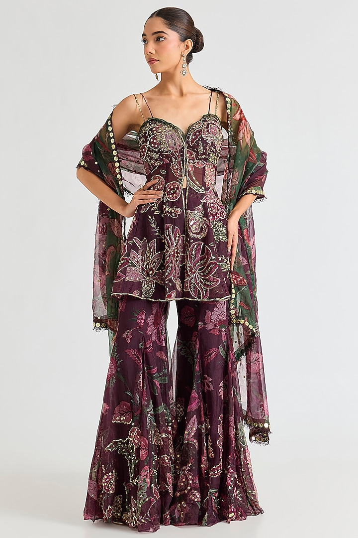 Burgundy Organza Hand Embroidered Bridal Sharara Set by Mahima Mahajan at Pernia's Pop Up Shop