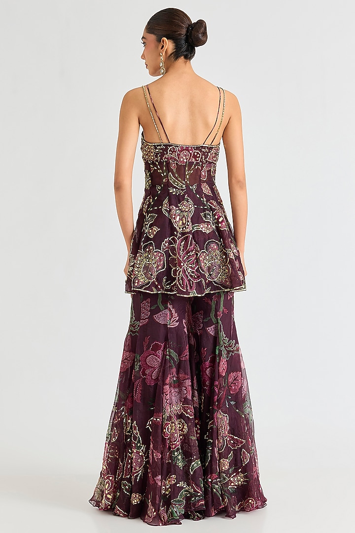 Burgundy Organza Hand Embroidered Bridal Sharara Set by Mahima Mahajan at Pernia's Pop Up Shop