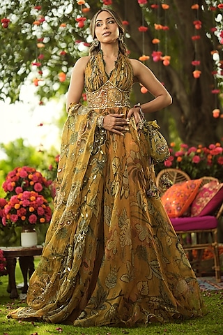 Gold Organza Embroidered Anarkali Set by Mahima Mahajan