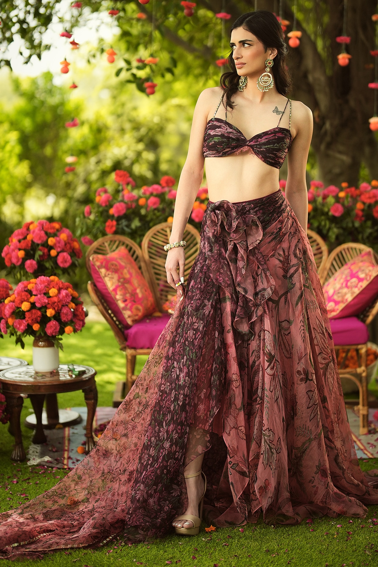 Mahima Mahajan Warm Bubblegum Pink & Burgundy Organza Printed Lehenga Set