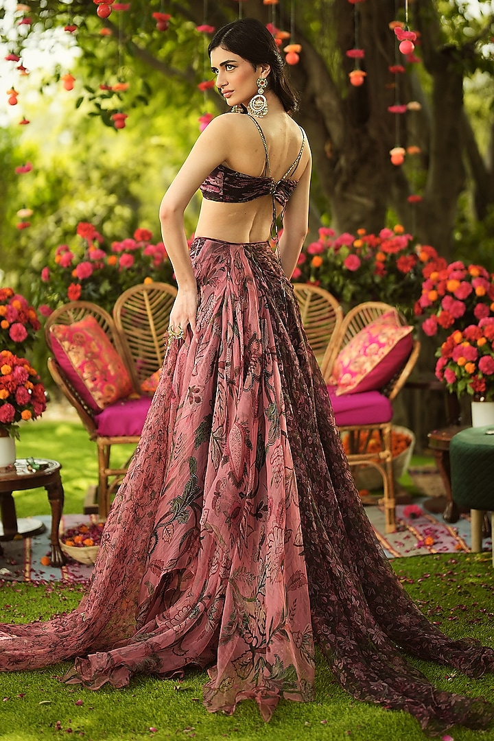 Warm Bubblegum Pink & Burgundy Organza Printed Wedding Lehenga Set by Mahima Mahajan at Pernia's Pop Up Shop