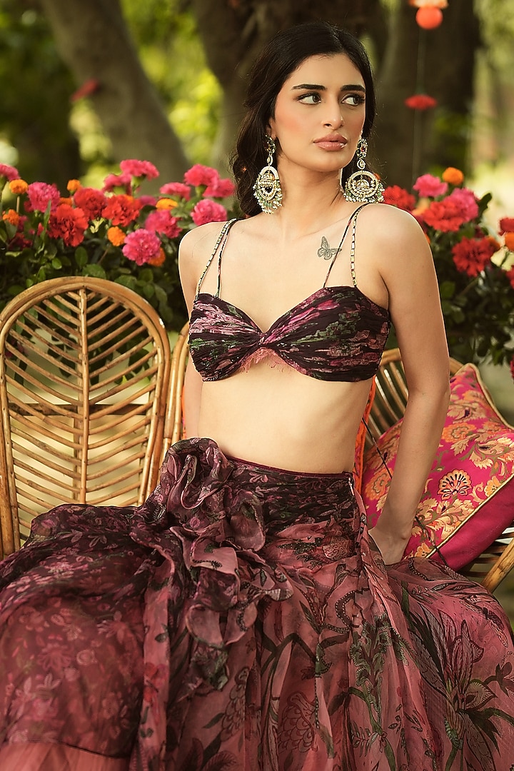 Warm Bubblegum Pink & Burgundy Organza Printed Wedding Lehenga Set by Mahima Mahajan at Pernia's Pop Up Shop