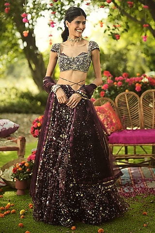 Burgundy Organza Hand Embroidered Lehenga Set by Mahima Mahajan
