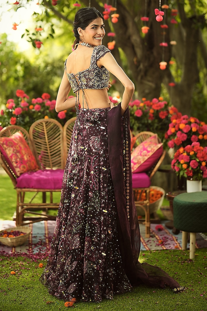 Burgundy Organza Hand Embroidered Wedding Lehenga Set by Mahima Mahajan at Pernia's Pop Up Shop