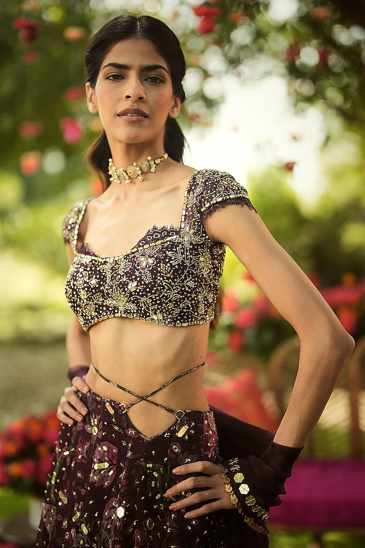 Burgundy Organza Hand Embroidered Wedding Lehenga Set by Mahima Mahajan at Pernia's Pop Up Shop