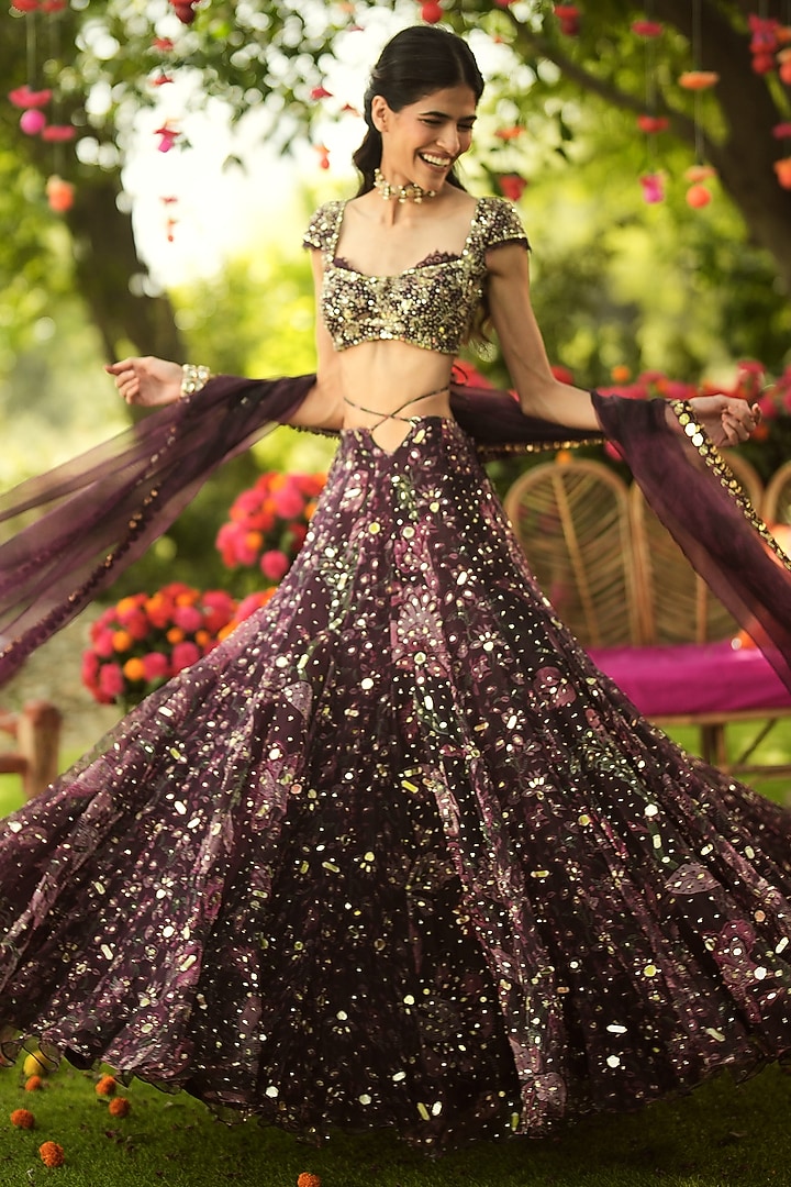 Burgundy Organza Hand Embroidered Wedding Lehenga Set by Mahima Mahajan at Pernia's Pop Up Shop