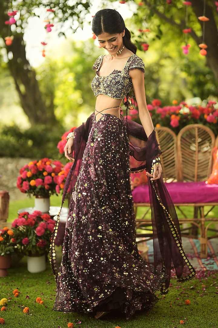 Burgundy Organza Hand Embroidered Wedding Lehenga Set by Mahima Mahajan at Pernia's Pop Up Shop