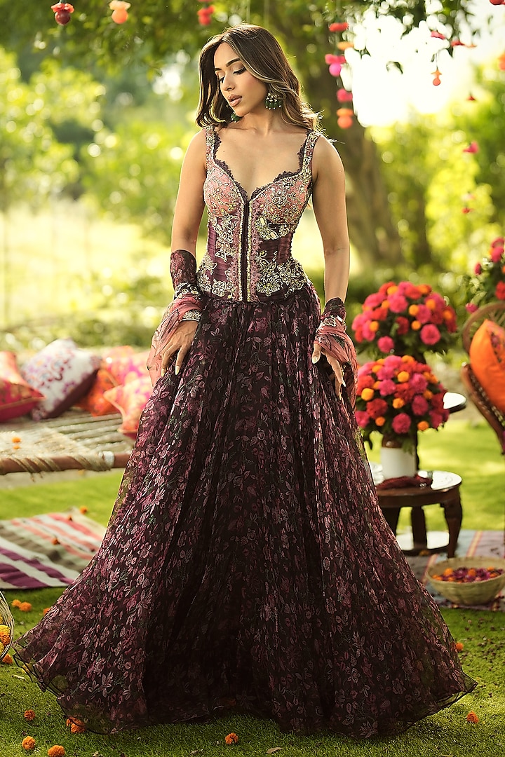 Burgundy Organza Printed Wedding Lehenga Set by Mahima Mahajan at Pernia's Pop Up Shop
