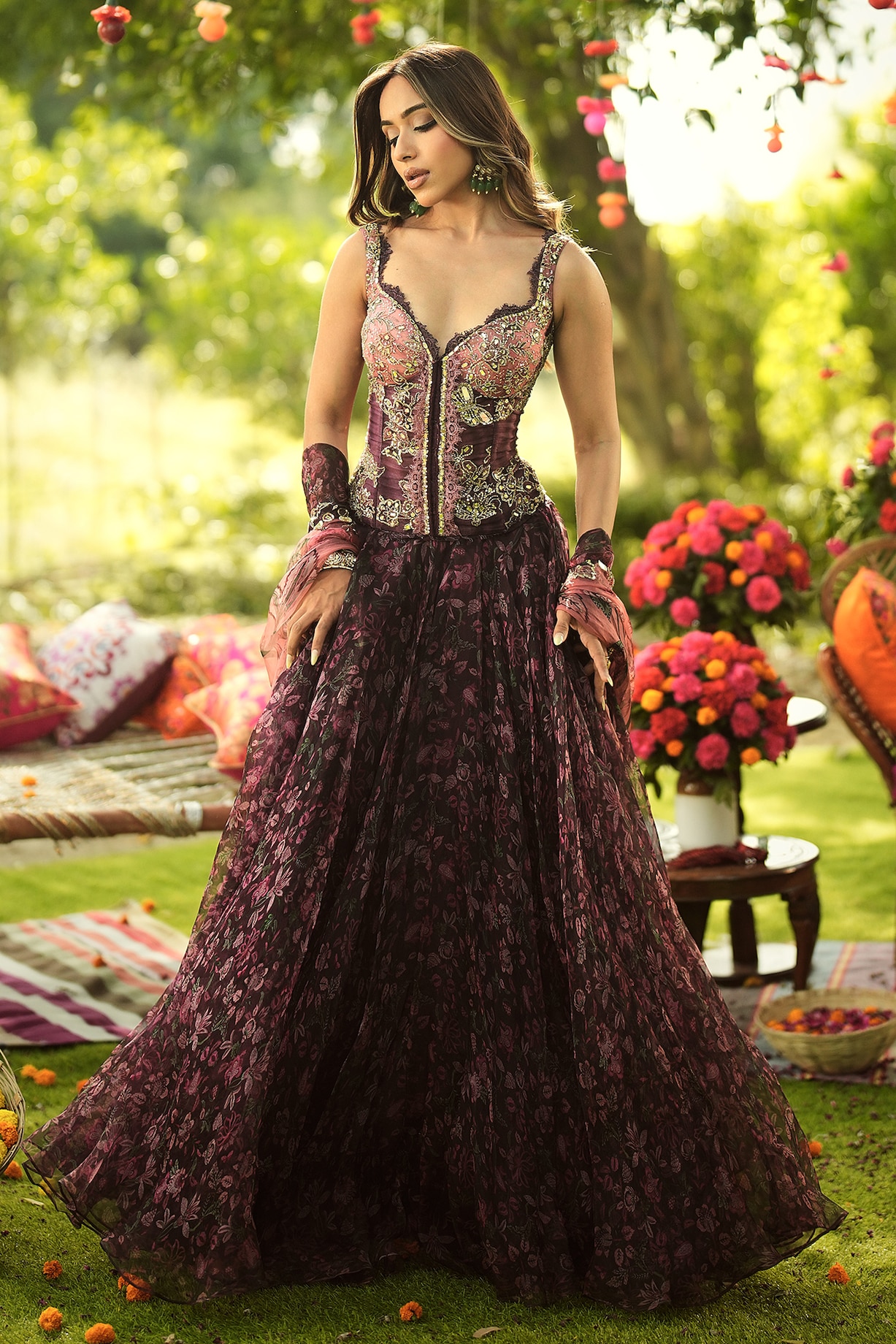 Burgundy Organza Lehenga Set