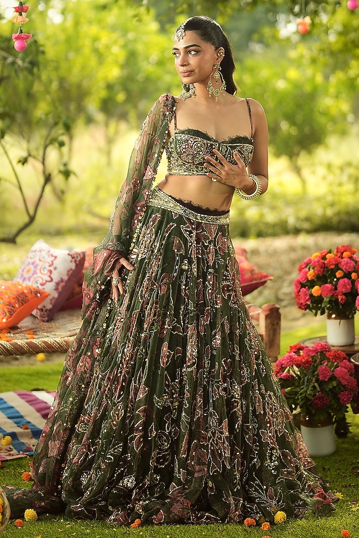 Pine Green Organza Hand Embroidered Bridal Lehenga Set by Mahima Mahajan at Pernia's Pop Up Shop