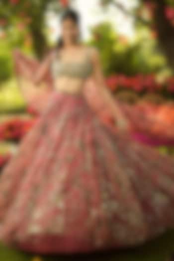 Warm Bubblegum Pink & Golden Organza Hand Embroidered Bridal lehenga for 22 Lehenga Set by Mahima Mahajan at Pernia's Pop Up Shop