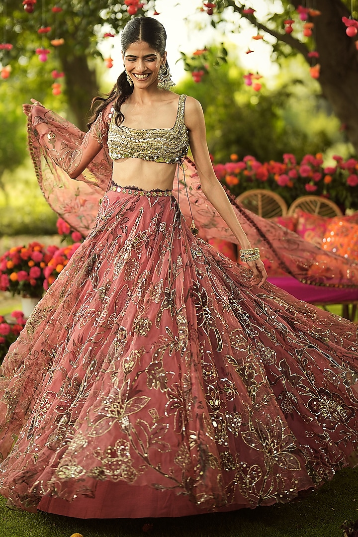 Warm Bubblegum Pink & Golden Organza Hand Embroidered Bridal lehenga for 22 Lehenga Set by Mahima Mahajan at Pernia's Pop Up Shop