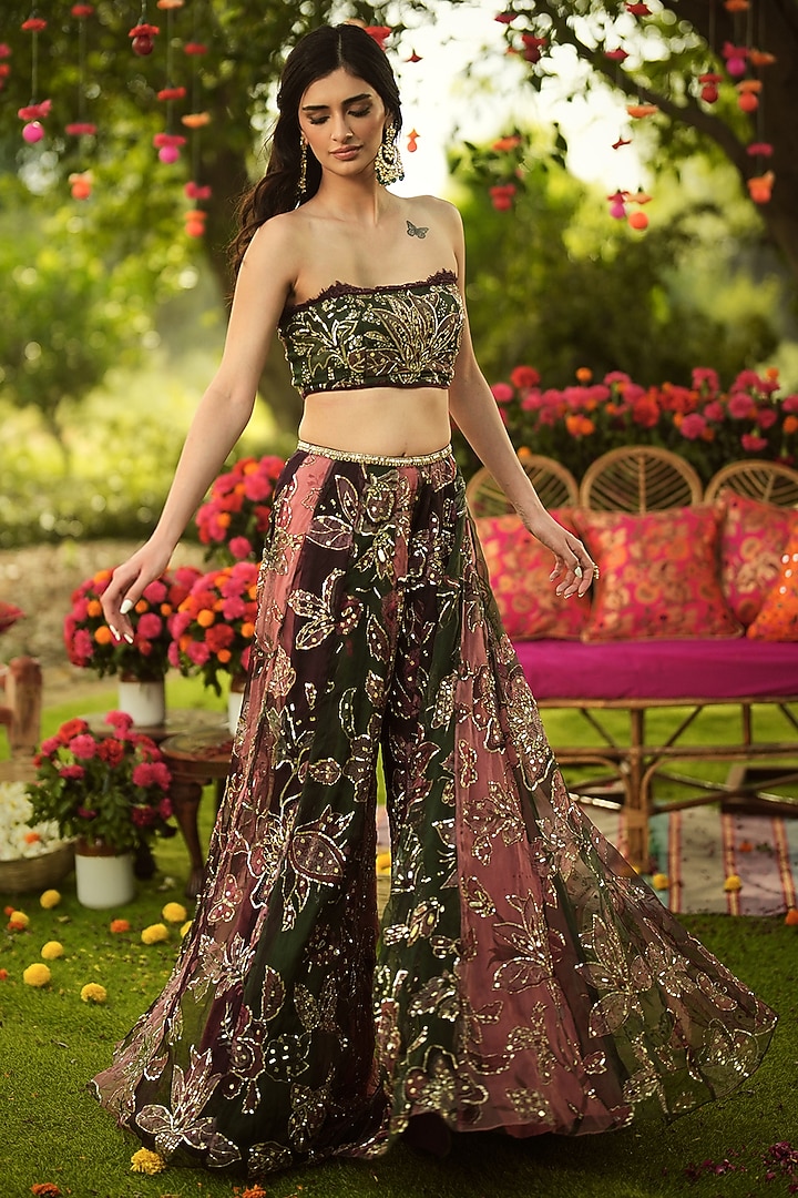 Multi-Colored Organza Hand Embroidered Panelled Bridal Sharara Set by Mahima Mahajan at Pernia's Pop Up Shop
