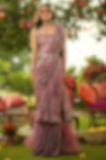 Warm Bubblegum Pink & Pine Green Georgette Embroidered Wedding Saree Set by Mahima Mahajan at Pernia's Pop Up Shop