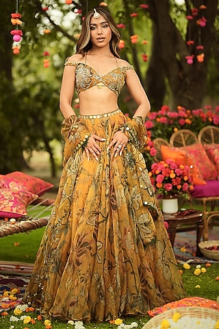 Gold Organza Embroidered Lehenga Set by Mahima Mahajan